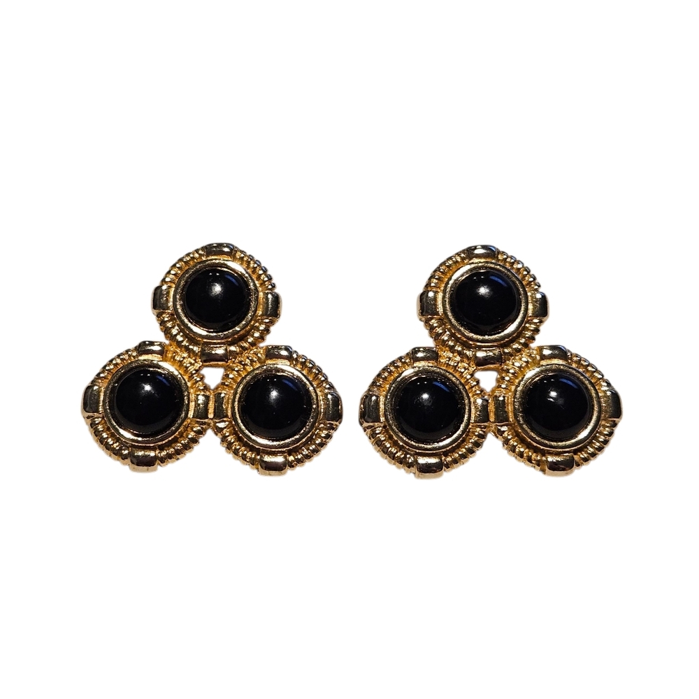 Givenchy Vintage Earrings Gold Tone Black Post Pierced Large Chunky
